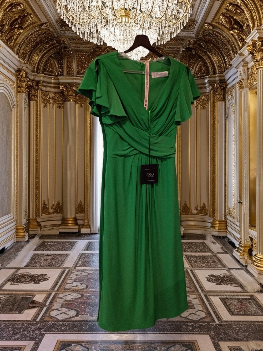 NWT Mac Duggal Vibrant Green V-Neck Midi Dress with Flounce Sleeves SZ 0